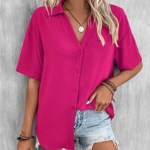 Delilah Wear Fuchsia Button-Down Short Sleeve Shirt